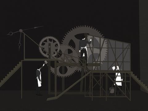 Schwarz-weiße Illustration einer komplexen mechanischen Vorrichtung mit mehreren Zahnrädern und zwei Personen in Schürzen, die an der Maschine arbeiten.