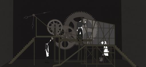 Black-and-white illustration of a complex mechanical device with multiple gears and two people wearing aprons working on the machine.