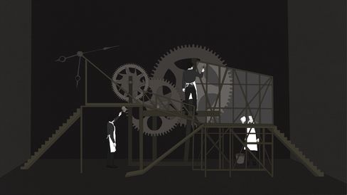 Black-and-white illustration of a complex mechanical device with multiple gears and two people wearing aprons working on the machine.