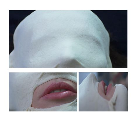 Three close-up views of a white sculpture with realistically rendered lips, partially open.