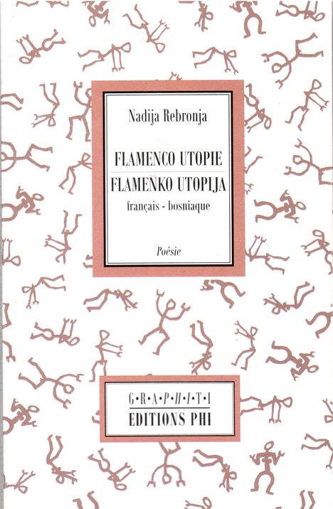 Buchcover „Flamenco Utopie / Flamenko Utopija“ von Nadija Rebronja mit stilisierten Figuren auf hellem Hintergrund.