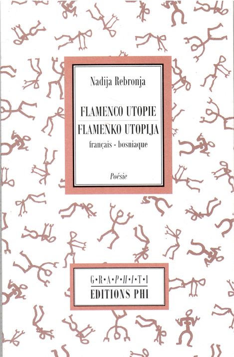 Buchcover „Flamenco Utopie / Flamenko Utopija“ von Nadija Rebronja mit stilisierten Figuren auf hellem Hintergrund.