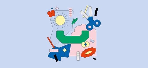 Abstract colorful illustration with scissors, sun, flower, arrows, and geometric shapes on a light background.