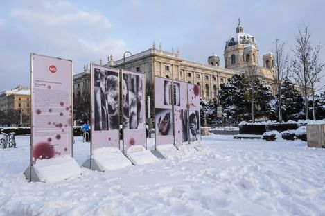 Multi-panel photographic installation in the snow in front of a historic building in Vienna, featuring black-and-white image fragments and red markings on freestanding panels.