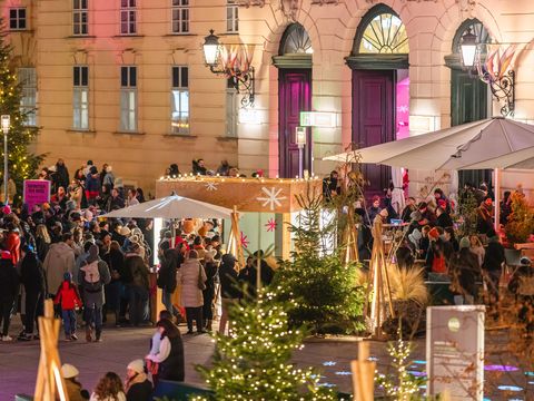 Menschenmenge auf einem Weihnachtsmarkt vor einem historischen Gebäude mit beleuchteten Fenstern und Weihnachtsbäumen.