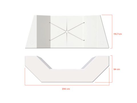Technical illustration of a white Enzi seating element shown in top view and side view with indicated dimensions: length 295 cm, width 116.7 cm, and height 94 cm; a cross-bracing detail is visible on the top surface.