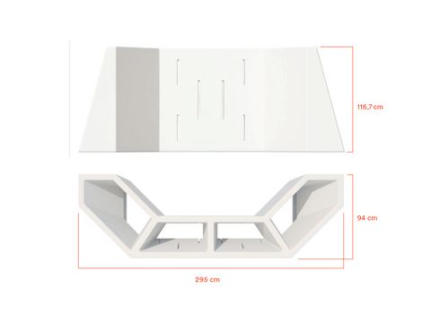 Technical illustration of a white Enzo seating element shown in top view and front view with dimensions (295 cm length, 116.7 cm width, 94 cm height); the hollow compartments and internal structure of the furniture are visible.