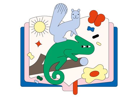 Bunte Illustration eines aufgeschlagenen Buchs mit einem grünen Chamäleon auf einem Ast, einem grauen Eichhörnchen, einer Sonne, einem roten Schmetterling und mehreren bunten Formen.