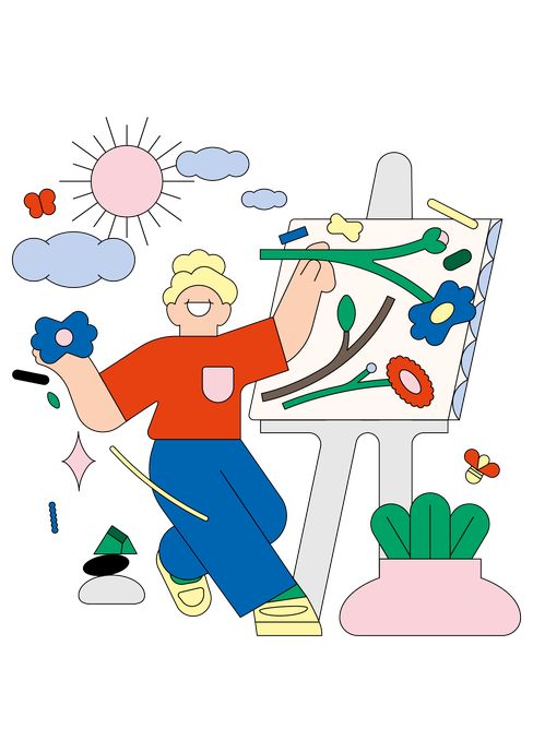 Person mit rotem Oberteil und blauer Hose malt bunte Blumen auf eine Staffelei vor einem Himmel mit Wolken und Schmetterlingen