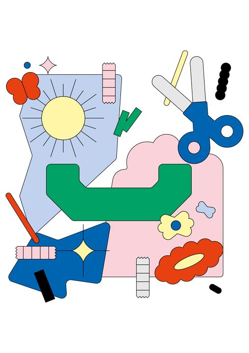 Abstrakte bunte Illustration mit Schere, Sonne, Blumen und geometrischen Formen