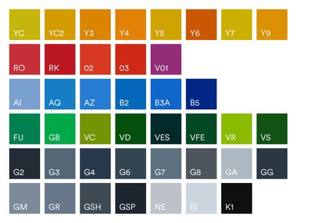 Color chart with square color swatches and abbreviations representing the MQ seating furniture color palette
