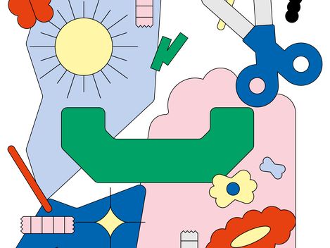 Bunte abstrakte Illustration mit einer Schere, einem Sonnensymbol, Blumenformen und geometrischen Elementen.