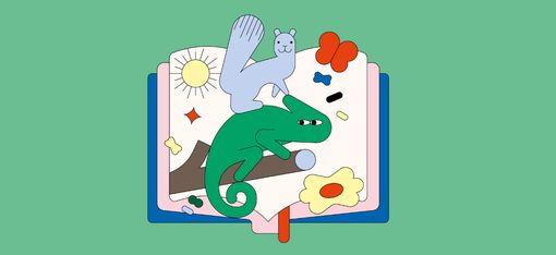 Open book page with colorful illustrations of a sun, a gray squirrel, a green chameleon, a red butterfly, and a fried egg.