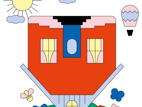 Bunte, stilisierte Illustration eines Hauses mit zwei Fenstern, einem blauen Dach und einem Garten mit Blumen, Schmetterlingen, einer Sonne und Wolken.