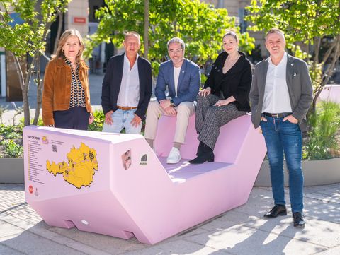 Gruppe von fünf Personen sitzt und steht rund um ein rosa Enzi im MuseumsQuartier Hof.
