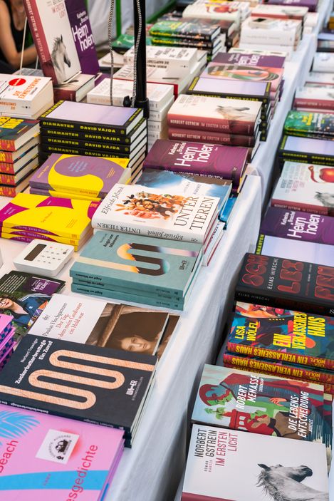 Table with multiple stacks of books of various genres and colors at a sales booth.