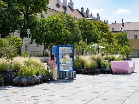 A person stands in front of a blue outdoor bookcase on a paved square with benches and plants in the background