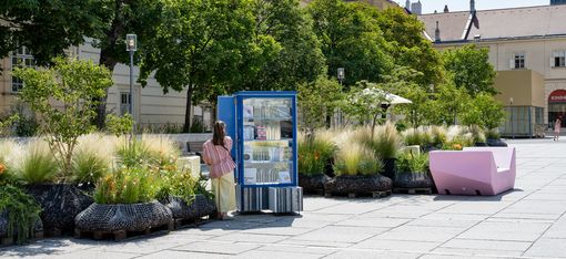 A person stands in front of a blue outdoor bookcase on a paved square with benches and plants in the background