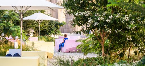 Person sitting on a bench in a garden with parasols and flowering bushes in front of a modern building