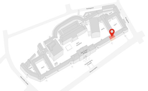 Gray 3D site plan of the Museumsquartier Wien with the area marked in red at the location of the Room D