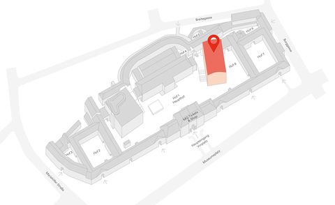 Grauer 3D-Arealsplan des Museumsquartier Wien mit rot markiertem Bereich an der Stelle des mumok