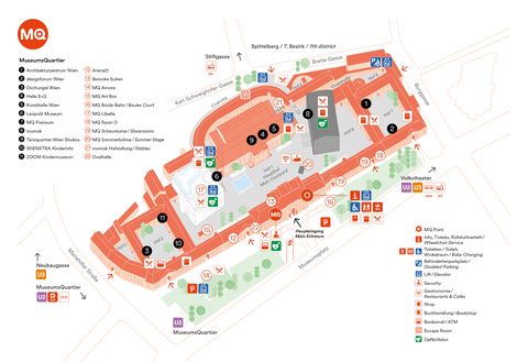 Farbige detaillierte Karte des MuseumsQuartier Wien mit Gebäuden, Wegen, Symbolen für Einrichtungen und Legende