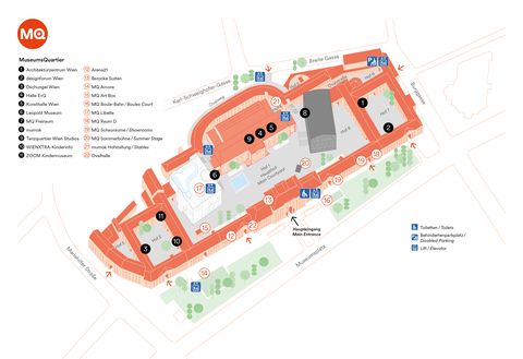 Farbige detaillierte Karte des MuseumsQuartier Wien mit Gebäuden, Wegen, Symbolen für Einrichtungen und Legende