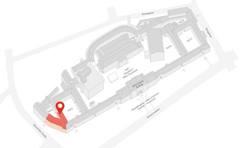 Grauer 3D-Arealsplan des Museumsquartier Wien mit rot markiertem Bereich an der Stelle des DSCHUNGEL WIEN