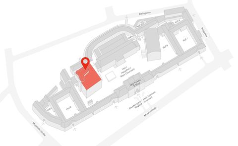 Grauer 3D-Arealsplan des Museumsquartier Wien mit rot markiertem Bereich an der Stelle der MQ Libelle