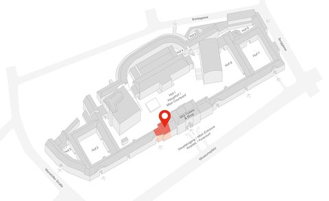 Grauer 3D-Arealsplan des Museumsquartier Wien mit rot markiertem Bereich an der Stelle der Ovalhalle.