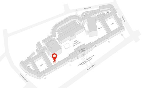 Gray 3D site plan of the Museumsquartier Wien with the area marked in red at the location of the MQ Art Box