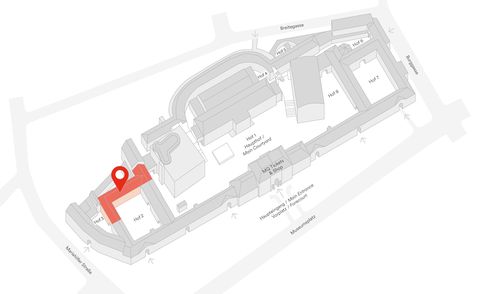 Grauer 3D-Arealsplan des Museumsquartier Wien mit rot markiertem Bereich an der Stelle des Tanzquartier Wien