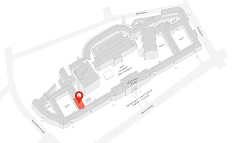 Grauer 3D-Arealsplan des Museumsquartier Wien mit rot markiertem Bereich an der Stelle der WIENXTRA-Kinderinfo