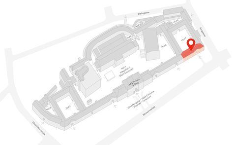 Gray 3D site plan of the Museumsquartier Wien with the area marked in red at the location of the designforum Wien