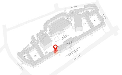 Grauer 3D-Arealsplan des Museumsquartier Wien mit rot markiertem Bereich an der Stelle der Arena21.