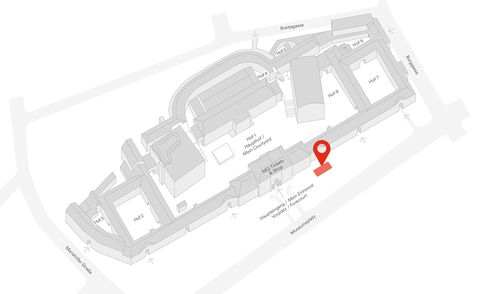 Grauer 3D-Arealsplan des Museumsquartier Wien mit rot markiertem Bereich an der Stelle der Boule Bahn.