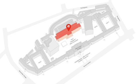 Gray 3D site plan of the Museumsquartier Wien with the area marked in red at the location of the Halle E+G