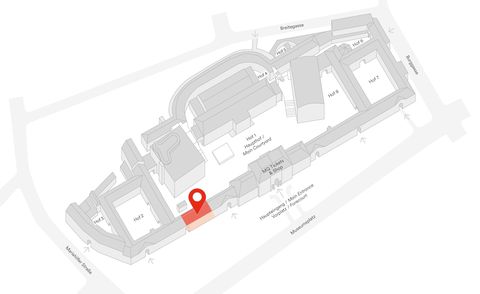 Grauer 3D-Arealsplan des Museumsquartier Wien mit rot markiertem Bereich an der Stelle des MQ Freiraum