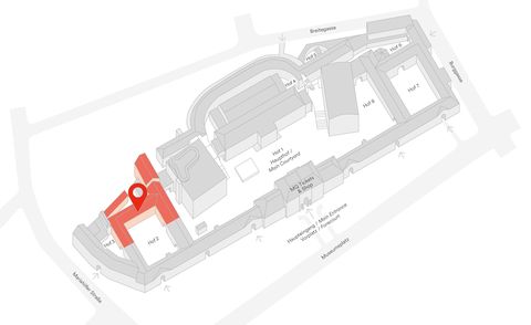 Grauer 3D-Arealsplan des Museumsquartier Wien mit rot markiertem Bereich an der Stelle des ZOOM Kindermuseums