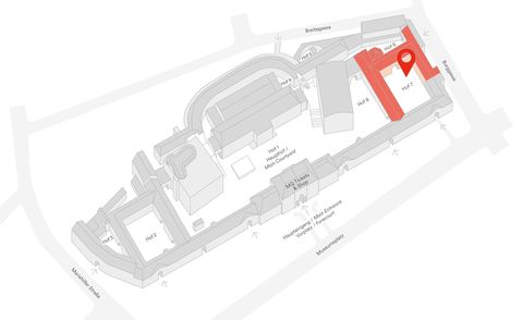 Grauer 3D-Arealsplan des Museumsquartier Wien mit rot markiertem Bereich an der Stelle des Architekturzentrum Wien
