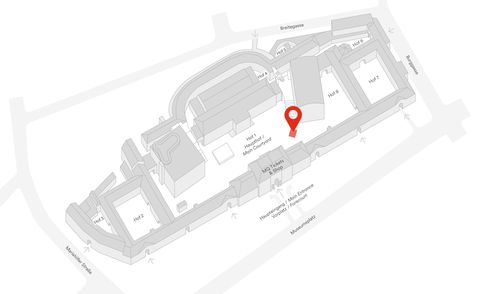 Gray 3D site plan of the Museumsquartier Wien with the area marked in red at the location of the MQ Summer Stage