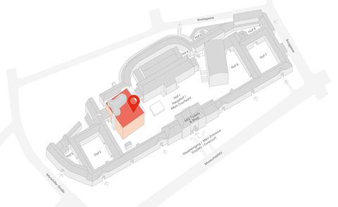 Grauer 3D-Arealsplan des Museumsquartier Wien mit rot markiertem Bereich an der Stelle des Leopold Museums