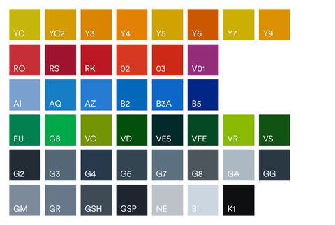 Mehrere quadratische Farbfelder in verschiedenen Gelb-, Rot-, Blau-, Grün- und Grautönen mit jeweils zweibuchstabigen oder alphanumerischen Codes