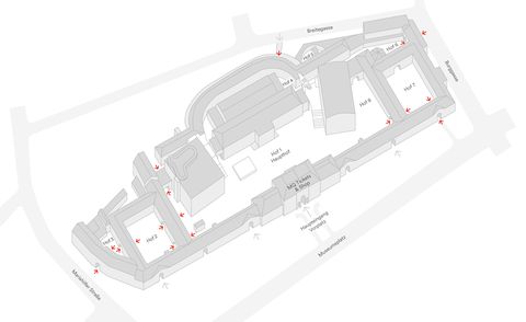 A grey 3D map of the Museumsquartier Vienna, on which the MQ passages are marked in red.