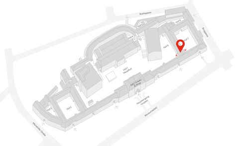 Grauer 3D-Arealsplan des Museumsquartier Wien mit rot markiertem Bereich an der Stelle der Tonspurpassage.