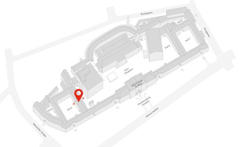 Grauer 3D-Arealsplan des Museumsquartier Wien mit rot markiertem Bereich an der Stelle der Sternenpassage.