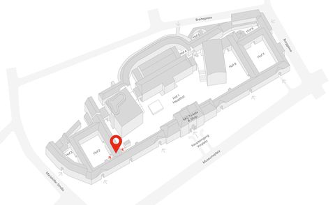 Gray 3D site plan of the Museumsquartier Wien with the area marked in red at the location of the Typopassage.