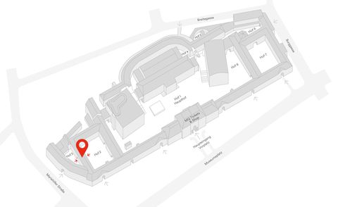 Grauer 3D-Arealsplan des Museumsquartier Wien mit rot markiertem Bereich an der Stelle der Kabinettpassage.