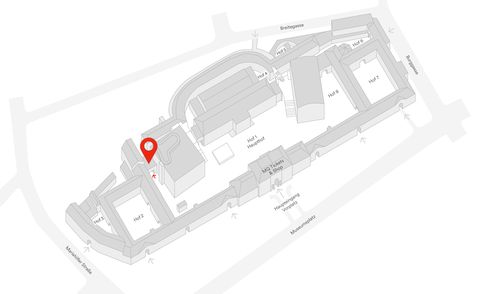 Grauer 3D-Arealsplan des Museumsquartier Wien mit rot markiertem Bereich an der Stelle der Performancepassage.