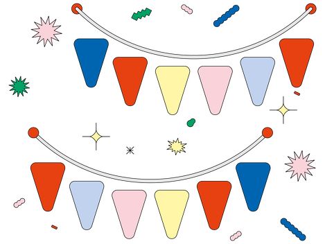 Two strings of colorful pennants surrounded by small variously shaped particles and stars.